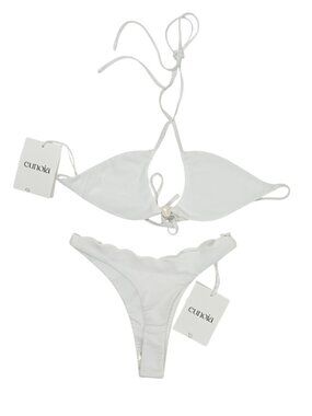 Eunoia 3D-Printed Porcelain Pearl Scalloped Top Scalloped Thong Bikini White